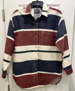 Quizz NY VTG Women's Denim Med Long Sleeve Buttoned-Up Shirt Navy Blue Red White
